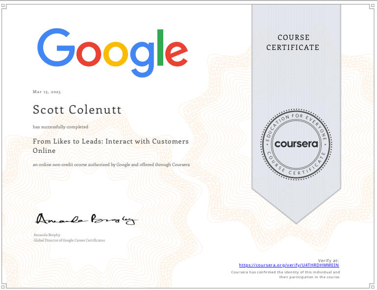 Google From Likes to Leads Certificate Google From Likes to Leads Certificate